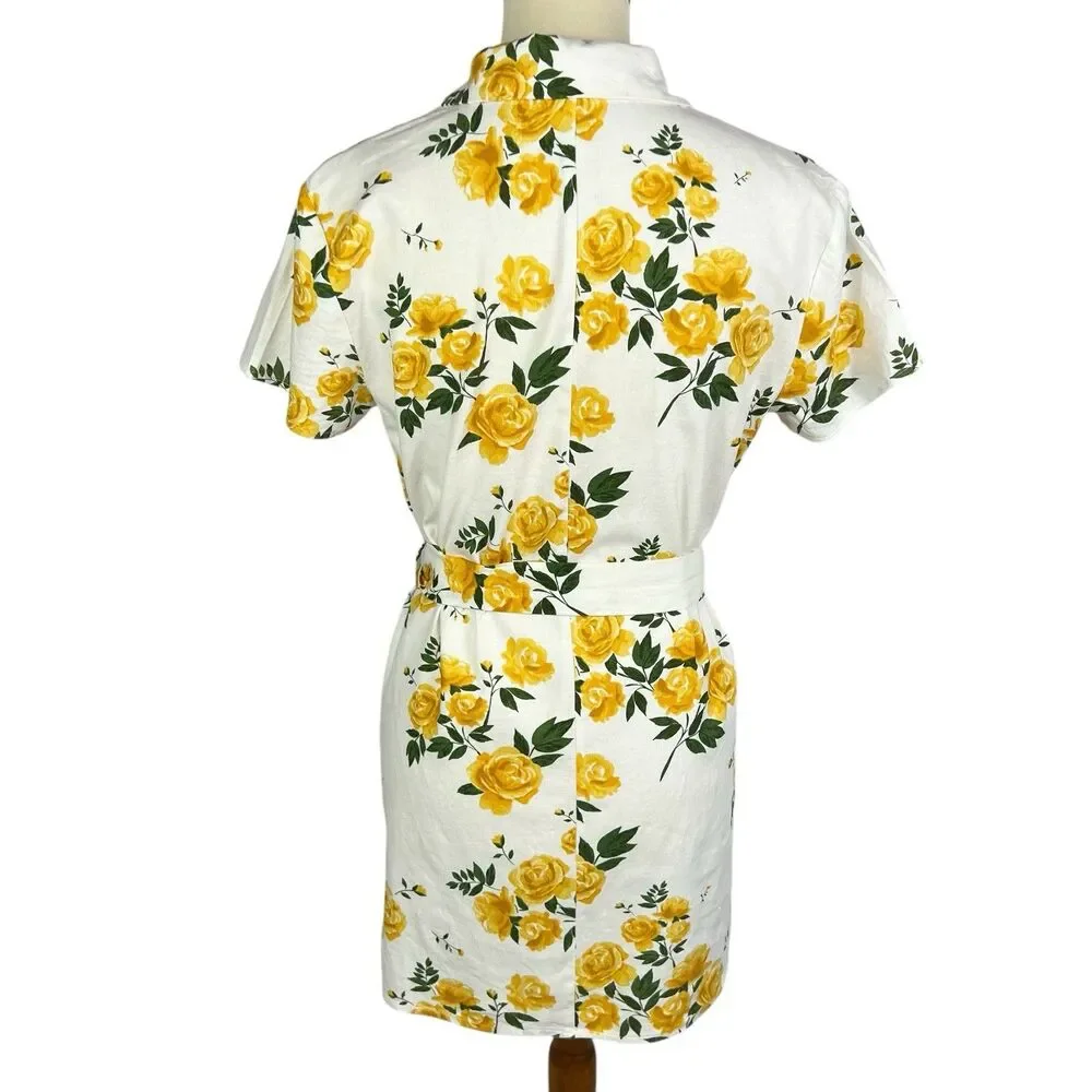 L’Academie Revolve Kendra Yellow Rose Floral Belted Mini Shirt Dress Small - Picture 3 of 11